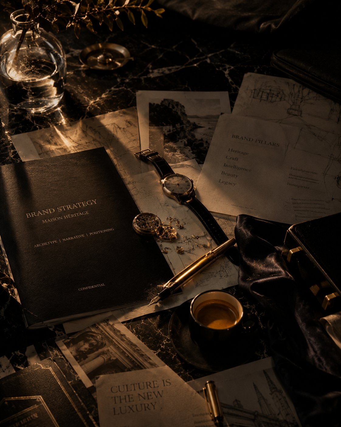 Brand Strategy document for Maison Heritage showing pillars: Heritage, Craft, Intelligence, Beauty, Legacy beside a luxury watch and espresso