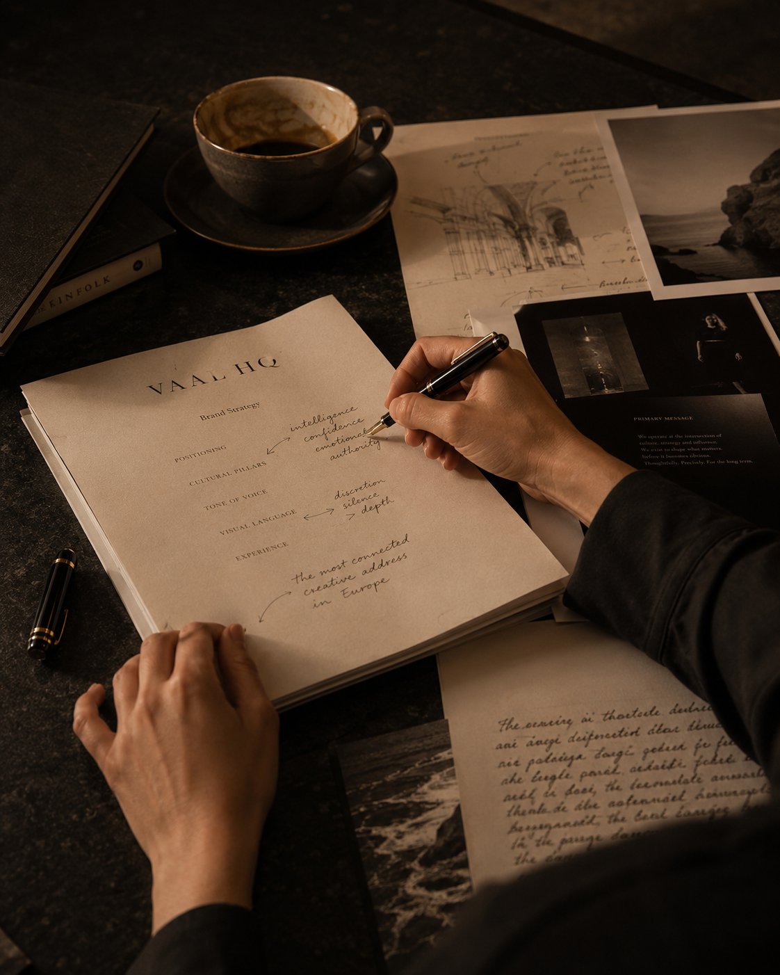Hands writing a brand strategy document by hand
