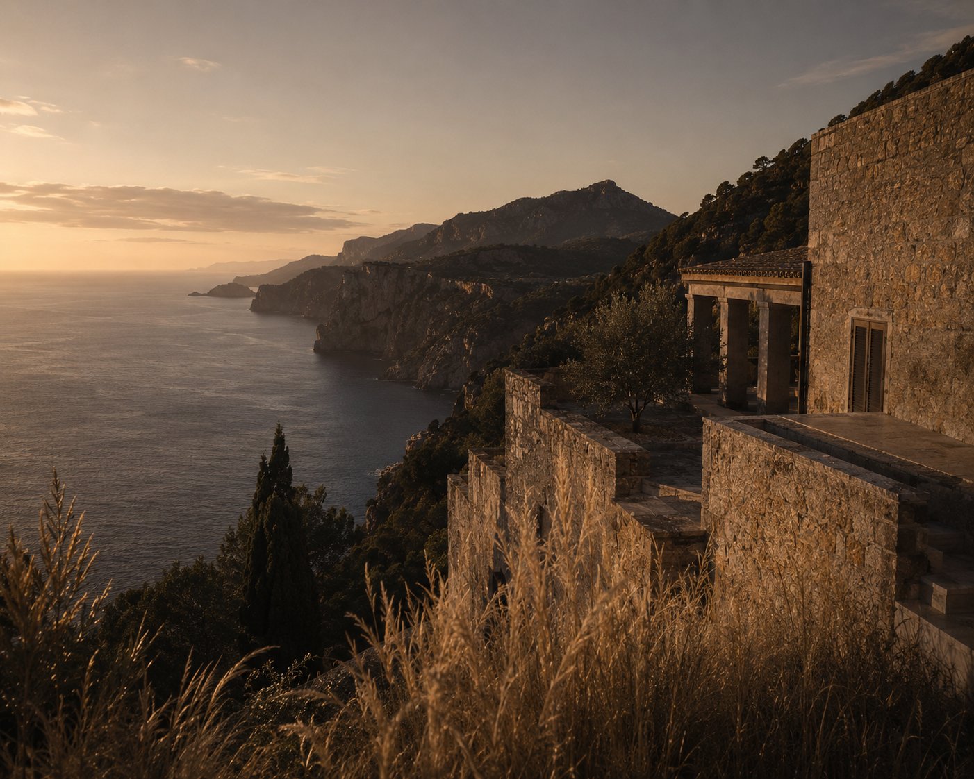 Stone finca above the Mallorca coastline at dusk