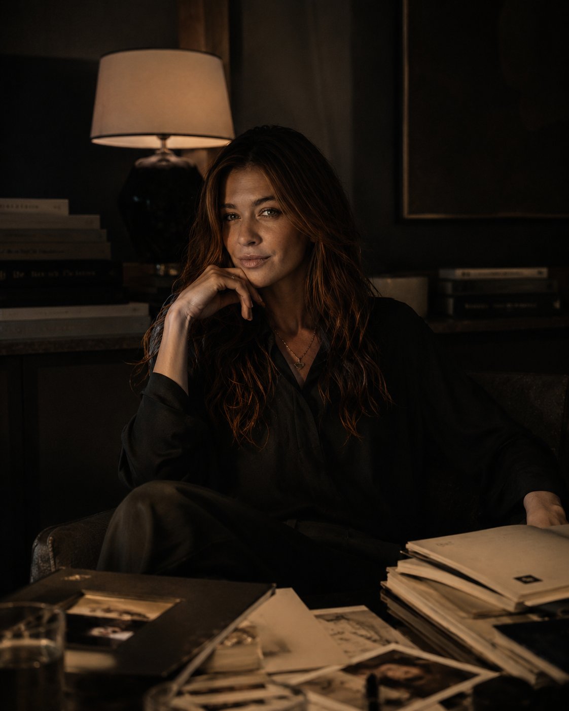 Valeriiya at her studio desk in warm lamplight, working on brand strategy