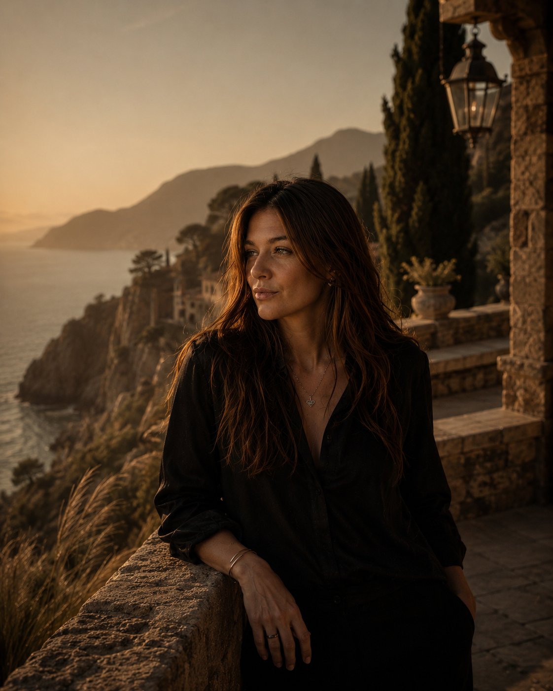 Valeriiya at golden hour in Mallorca, overlooking the Mediterranean sea from a stone terrace