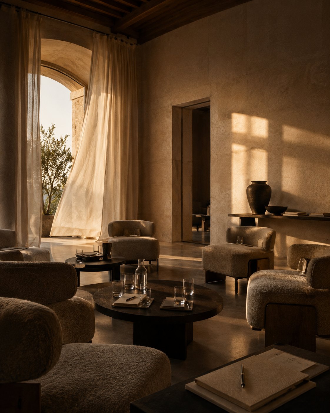 An intimate salon room in golden hour light, set and waiting